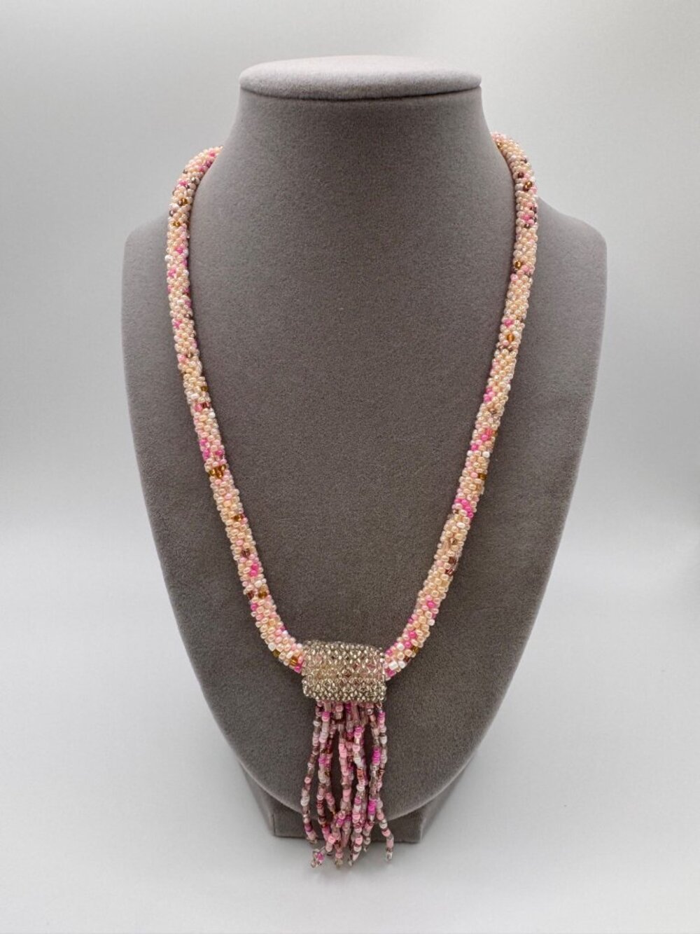 Vintage Crocheted Rope Beaded Necklace Pink Glass Bead Fringe Pendant 20” Boho
